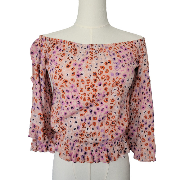 Pink Floral Shoulder Peasant Gauzy Top Womens S Whimsy Cottagecore Willow Root - Picture 1 of 8